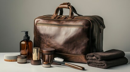 Brown leather travel bag with toiletries and towels.