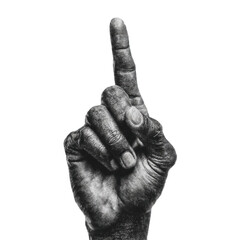 A black and white image of a hand pointing upwards isolated on transparent background