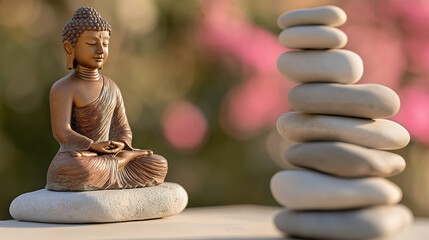 Buddha is sitting  in meditation in ZEN garden with  flower and balance stones 