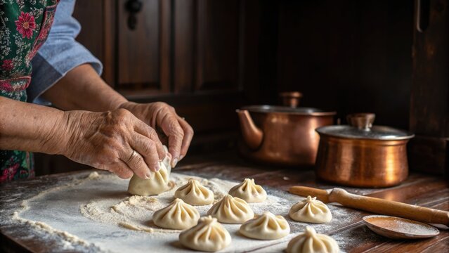 Close up of hands crafting khinkali, a traditional Georgian dumpling, ready for cooking in a rustic kitchen.