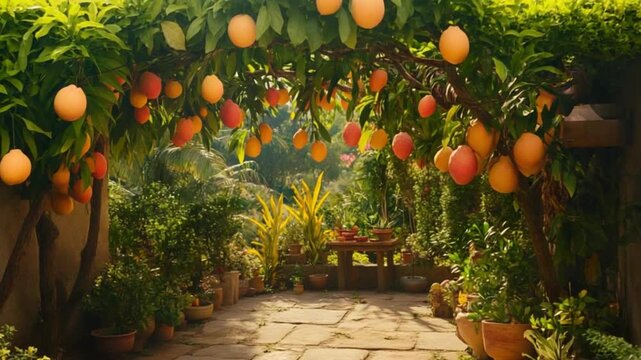 The paths in the garden are lined with potted plants and lined with mango trees full of ripe fruit.