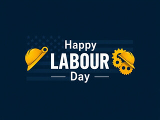 Happy Labour Day banner, dark blue background, construction helmets, gear symbol, honoring workers, industrial theme, celebrating labor, appreciation design, international workers day, strength and un