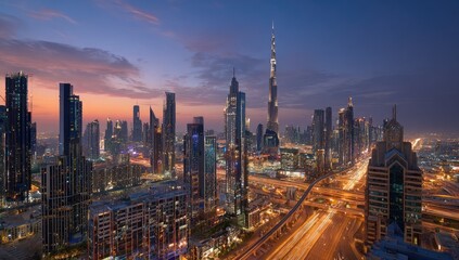 Dubai skyline at twilight, showing modern skyscrapers, roadways, and a vibrant sunset