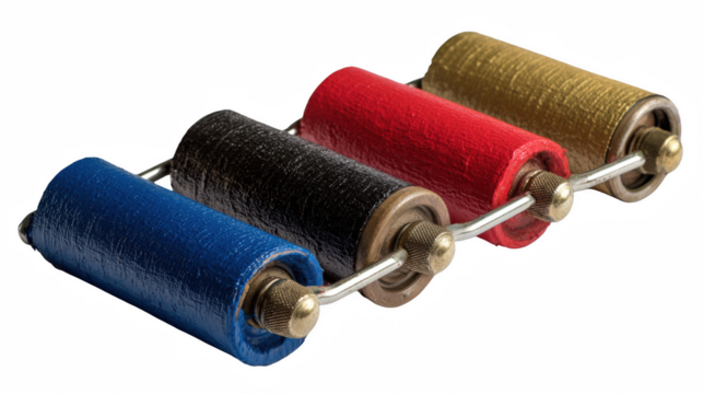 Four vibrant printing rollers in red, gold, blue, and black isolated on transparent background