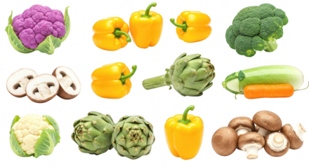 Photo of an assortment of fresh vegetables including cauliflower, peppers, broccoli, and mushrooms isolated on transparent background