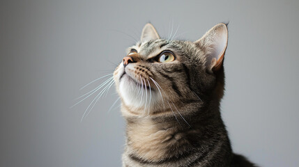 Close up portrait of a gray cat looking up with green eyes and light gray background behind him with space for copy