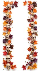 Fototapeta premium Skull and Autumn Leaves Halloween Border
