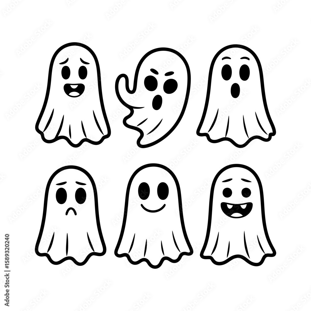 Poster vector art of a collection of cartoon ghosts with various expressions isolated on white background