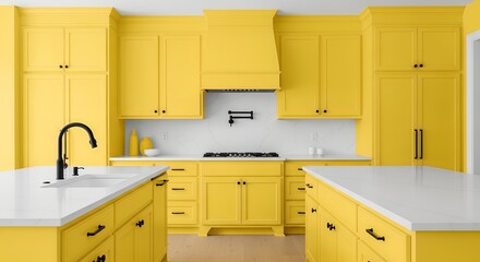 Fototapeta premium A dazzling monochromatic yellow kitchen, showcasing sunny cabinets, pristine white quartz countertops, and stylish black hardware, creating a vibrant and inviting space, perfect for 'The Funky