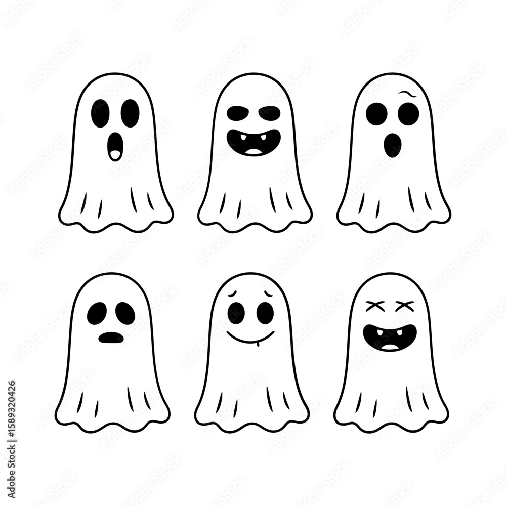 Poster vector art of a set of cartoon ghosts with different facial expressions isolated on white background