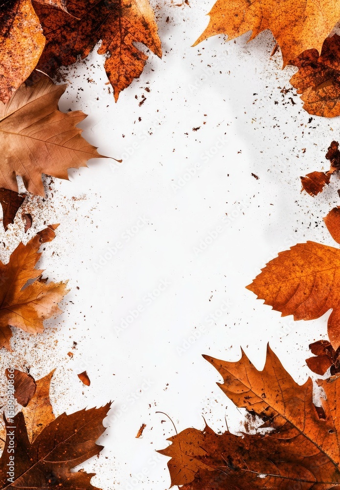 Poster fall leaves scattered on a blank surface creating an autumnal background.