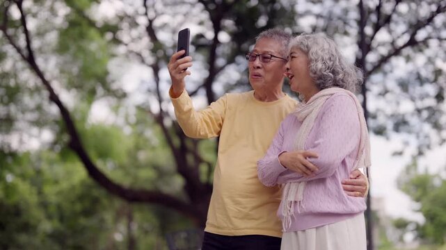 Asian older couple seniors retirees enjoying happy outdoor life taking selfie smartphone video call connecting with family friends in park nature