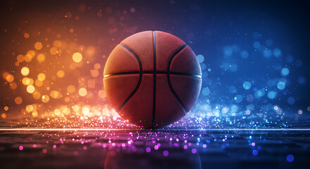 Basketball on Illuminated Court with Bokeh Lights Sports Concept