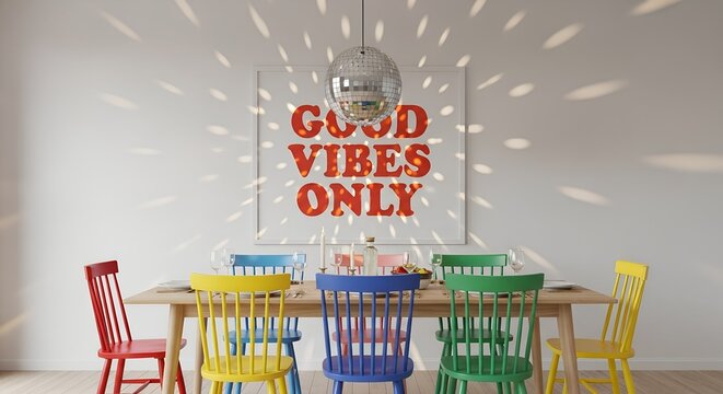 A vibrant dining room transformed into a lively "Dining Disco" with a shimmering disco ball casting dynamic light reflections, a fun "Good Vibes Only" poster, and an array of colorful chairs around a