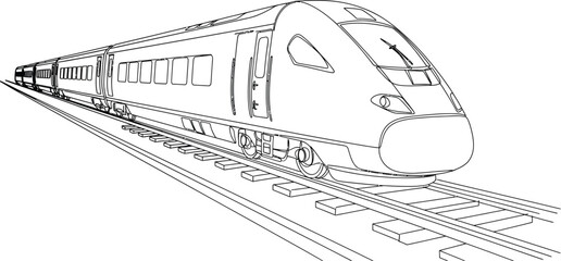 Sleek train vector illustration outlines a modern locomotive on rails, perfect for design projects with a clean transportation aesthetic.