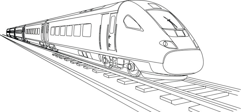 Sleek train vector illustration outlines a modern locomotive on rails, perfect for design projects with a clean transportation aesthetic.