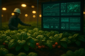 Farmer monitoring crop growth data on a digital screen in a modern greenhouse