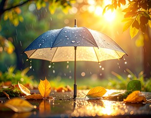 Regnerischer Sommertag &ndash; Sonnenlicht trifft auf Regentropfen und Herbstlaub