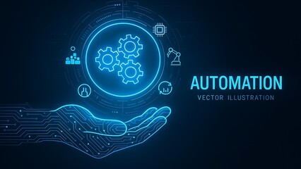 Futuristic hand holding digital automation icons with gears and circuits