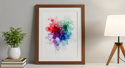 Framed watercolor painting with plant and lamp on a white table against gray wall