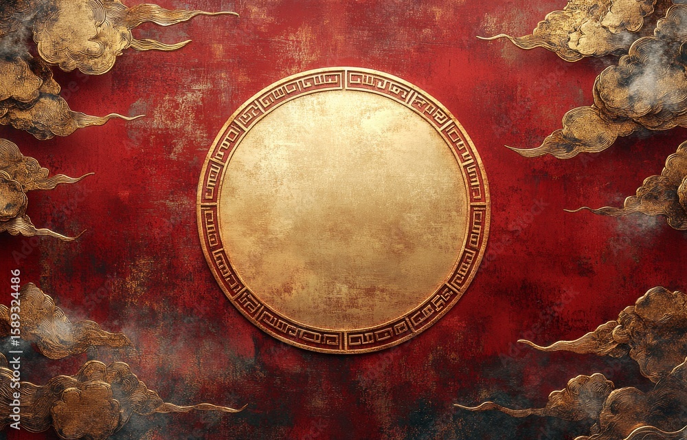 Poster red background with golden frame and decorative clouds for artistic design