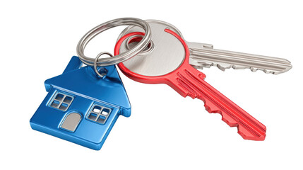A blue houseshaped keychain accompanies a pair of keys, one red and one silver, promising new beginnings isolated on transparent background