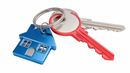 A blue houseshaped keychain accompanies a pair of keys, one red and one silver, promising new beginnings isolated on transparent background