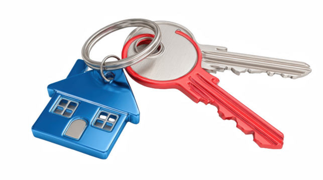 A blue houseshaped keychain accompanies a pair of keys, one red and one silver, promising new beginnings isolated on transparent background