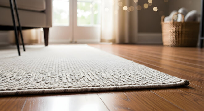 A low angle view of a white woven rug on a hardwood floor in a brightly lit room area