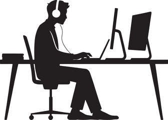 Silhouette of a man with a headset working on a computer at a desk symbolizing online job remote work customer support gamer lifestyle and digital workspace