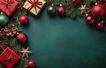 Holiday Decorations Featuring Gifts and Ornaments on a Green Background for Festive Celebrations.