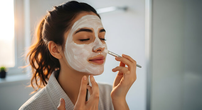 A woman applying a white facial mask with a brush in a brightly lit bathroom area - Powered by Adobe