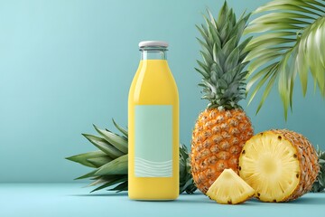 Pineapple juice bottle with modern label design, next to whole and sliced pineapples on a clean pastel background,