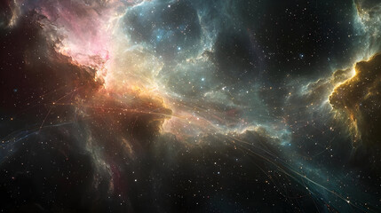 Fototapeta premium Colorful nebulae swirl through the cosmos, streaked with vibrant hues of pink, orange, and blue. Scattered stars dot the inky blackness. Cosmic clouds fill the vastness of space