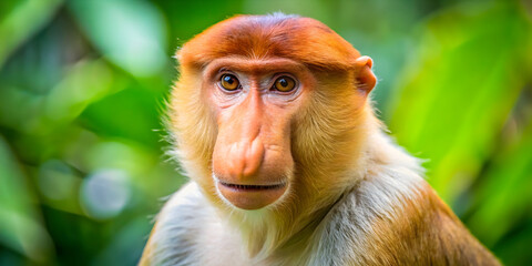 Naklejka premium Proboscis monkey sitting on tree branch in rainforest