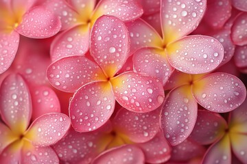 Fototapeta premium Rain-kissed Pink Flowers With Vibrant Yellow Centers Captured in a Close-Up View.