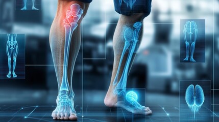 Man's legs with highlighted knee and ankle pain, overlaid with digital x-ray skeletal system.