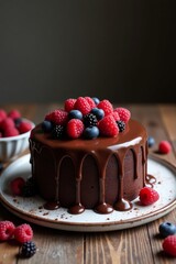 Decadent Chocolate Drip Cake with Fresh Berries – Gourmet Dessert on Rustic Wooden Table