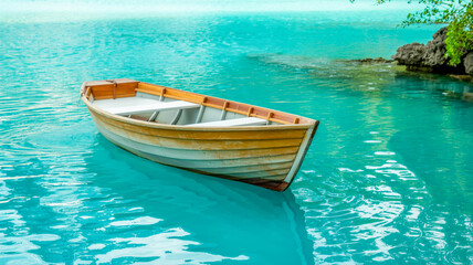 Turquoise clear ocean tropical vacation with a boat on the summer sea and sky