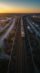 Fototapeta premium Train crossing a bridge at sunset