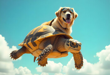 A dog flying on turtle back