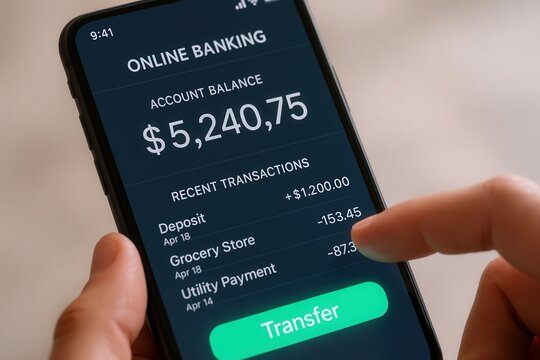 Online banking on smartphone screen with recent transactions and balance displayed