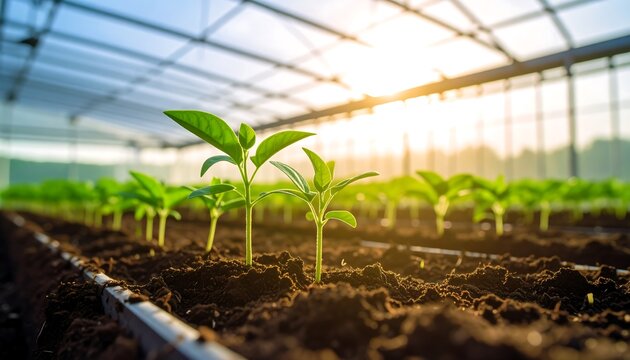 Young plants sprout in a greenhouse