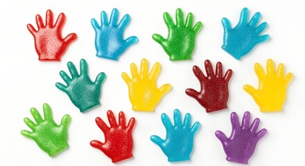 Fototapeta premium A close-up flat lay of colorful, glittery, translucent slappy hands against a bright white background, evoking nostalgia and playful joy as unique decor.