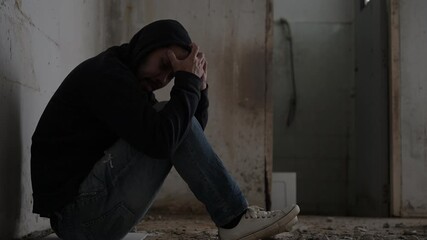 Asian man addict drug in the deserted place,A junkie feels alone in this world,Sad young man sitting in the corner of the room,People are stressed and have depression