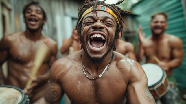 A lively group of enthusiastic musicians passionately playing drums outdoors, celebrating culture and connection through music, showcasing the camaraderie and joy that music brings to life, highlight