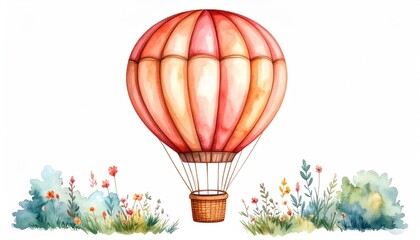 Fototapeta premium Watercolor illustration of a hot air balloon soaring above a field of flowers in a white background