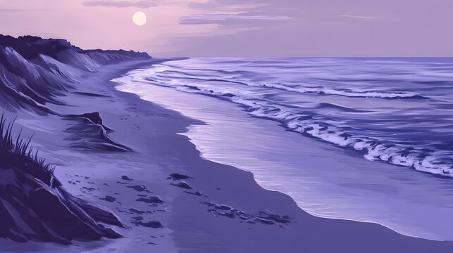 Serene Purple Sunset Beach Landscape Ocean Waves