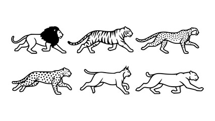 An illustration of various big cats running in motion, showcasing their distinctive features and grace. The image captures the dynamic postures and unique characteristics of each species in a simple.