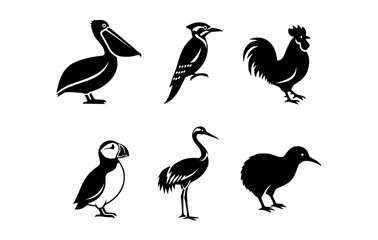 Fototapeta premium Illustration of various bird silhouettes in black and white, ideal for design purposes. The image showcases several bird species in profile